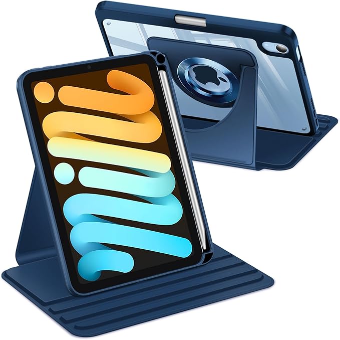 Fintie 360 Degree Rotating Case for iPad mini 7 (A17 Pro, 7th Generation) 2024 / iPad mini 6 (6th Gen) 8.3 Inch - Swiveling Protective Stand Clear Back Cover with Pencil Holder (Navy Blue)