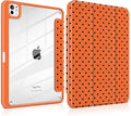 Case for iPad Pro 11 Inch (M5 2025 M4 2024) – [Built-in Pencil Holder], Shockproof & Stylish, Clear Hard Back + Soft TPU Edge, Magnetic Trifold Stand, Auto Wake/Sleep, Orange Polka dot