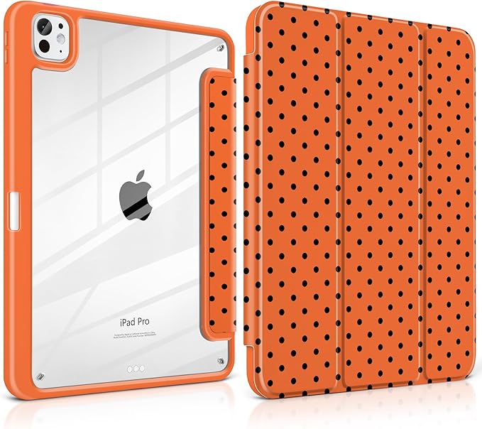 Case for iPad Pro 11 Inch (M5 2025 M4 2024) – [Built-in Pencil Holder], Shockproof & Stylish, Clear Hard Back + Soft TPU Edge, Magnetic Trifold Stand, Auto Wake/Sleep, Orange Polka dot