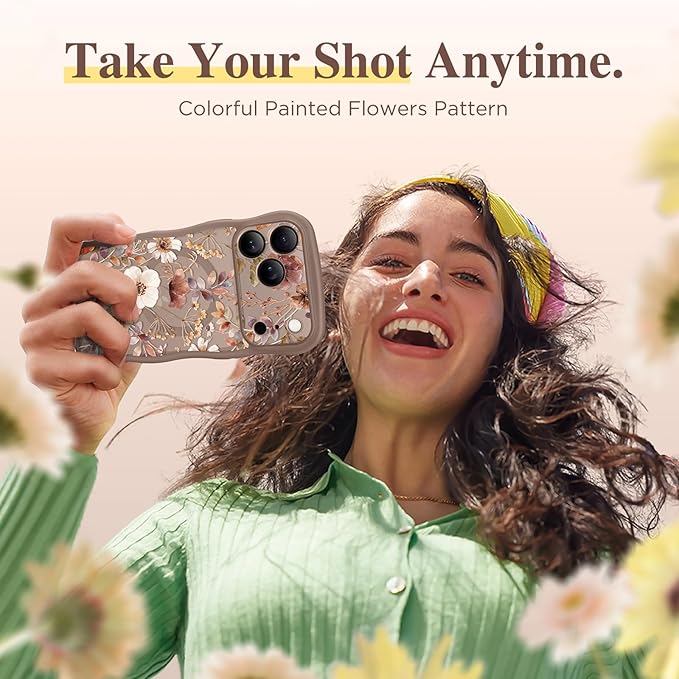 GVIEWIN for iPhone 17 Pro Max Case Compatible with MagSafe [Curly Wave Edge][Full Camera Protection] Floral Translucent Shockproof Magnetic Women Phone Case for 17 Pro Max, Corn Poppy/Brown