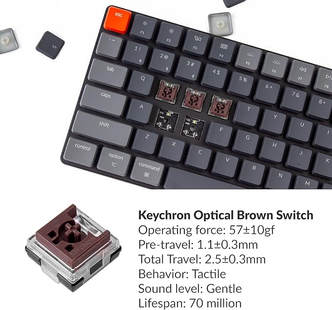 Keychron K3 75% Layout 84-Key Ultra-Slim Hot-Swappable Wireless Bluetooth Mechanical Keyboard with Low-Profile Keychron Optical Brown Switch/White LED Backlight/USB Wired for Mac Windows-Version 2