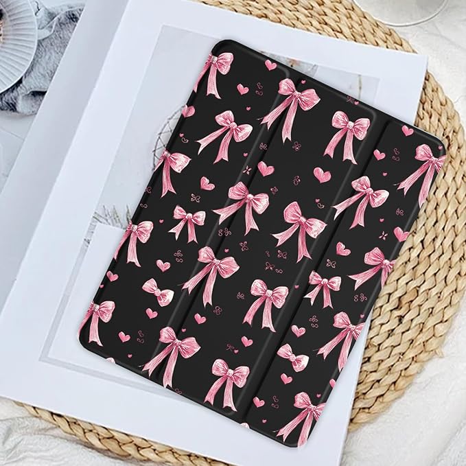 JOYLAND Cartoon Pink Bowknot Case for iPad Air 11 Inch M3(2025) / M2(2024), iPad Air 5th(2022) / 4th (2020) Gen 10.9 Inch, Clear Hard Back Black Case with Pencil Holder Trifold Stand Tablet Cover