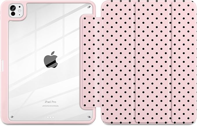 Case for iPad Pro 11 Inch (M5 2025 M4 2024) – [Built-in Pencil Holder], Shockproof & Stylish, Clear Hard Back + Soft TPU Edge, Magnetic Trifold Stand, Auto Wake/Sleep, Pink Polka dot