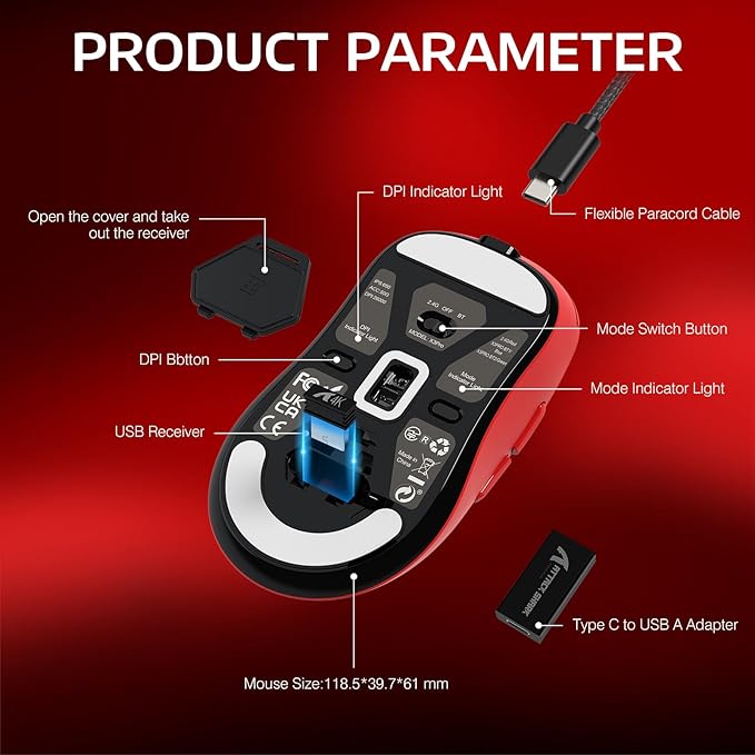 ATTACK SHARK X3PRO 4K/8K Lightweight Wireless Gaming Mouse with Tri-Mode(Wired/2.4GHz/BT),PAW3395 Optical Sensor,26K DPI,Kailh GM8.0 Switch,Long Battery,7 Buttons for PC/Laptop/Win/Mac(Red)