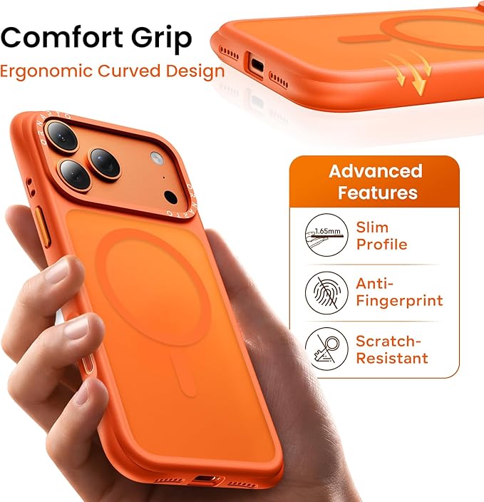 ORNARTO Magnetic for iPhone 17 Pro Max Case, 20FT Military-Grade Drop Protection, Compatible with MagSafe, Slim Shockproof Translucent Matte Phone Case for iPhone 17 Pro Max 6.9", Orange