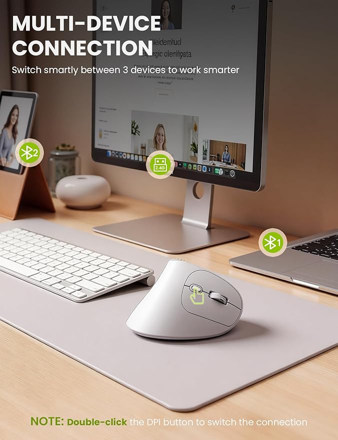 SABLUTE MAM51 Ergonomic Mouse Wireless with 3-in-1 Quick-Switch Scroll Wheel, Vertical Mouse with 4000 DPI, 8 Buttons Wireless Computer Mouse, 2.4Ghz/Bluetooth Mouse for Laptop and Desktop-White