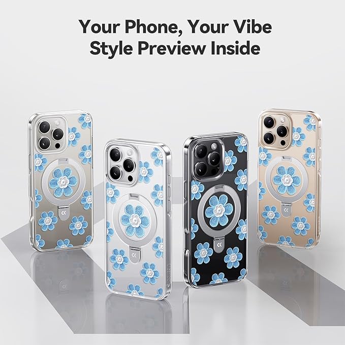 CASEKOO Floral Series Blue Flowers for iPhone 16 Pro Max Case with Magnetic Ring Stand [Compatible with MagSafe] [Military-Grade Protection] Fashion Clear Back, Soft Edge, for Women