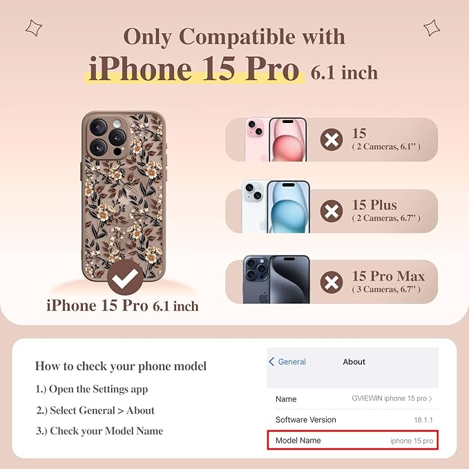GVIEWIN for iPhone 15 Pro Case Compatible with MagSafe, [Military Grade Protection] [Screen Protector] Full Camera Protection Floral Translucent Women Magnetic Phone Case, Bunchflower/Brown