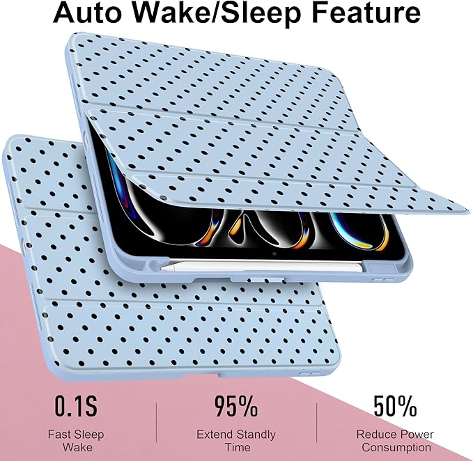 Case for iPad Pro 13 Inch (M5 2025 M4 2024) – [Built-in Pencil Holder], Shockproof & Stylish, Clear Hard Back + Soft TPU Edge, Magnetic Trifold Stand, Auto Wake/Sleep, Blue Polka dot
