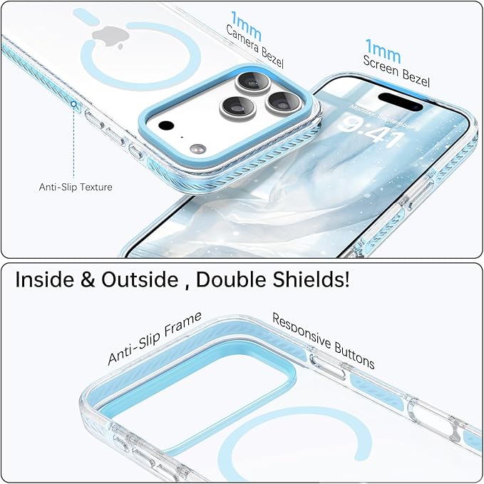 BENTOBEN Magnetic for iPhone 17 Pro 6.3" Case, Compatible with Magsafe Military Shockproof Protective Bumper Cute Transparent Slim Anti-Yellowing Phone Case for iPhone 17 Pro Cover, Clear Blue