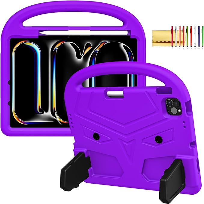 Kids Case for iPad Pro 11" M5 2025/M4 2024 & iPad Air 11" M3 2025/M2 2024, Techcircle Child Shock Proof EVA Protective [Support Pencil Charging] Handle Stand Cover, Purple