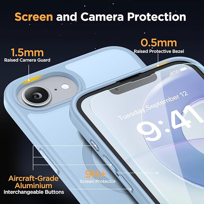 Miracase for iPhone 16e case & iPhone 17e Case for MagSafe [with 2×9H+ Screen Protectors] TOP Military-Grade Protection Shockproof with Velvet Touch for iPhone 16e/17e Phone Case 6.1", Light Blue