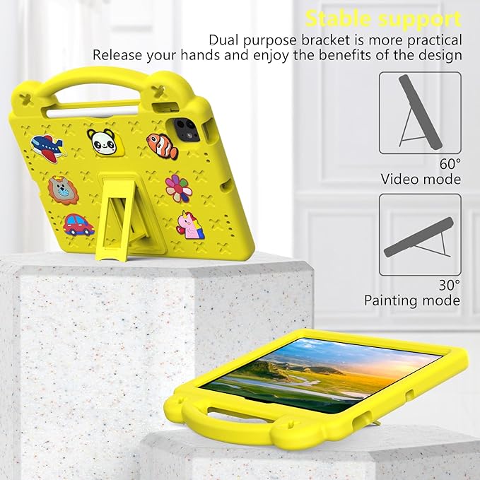 Dteck for iPad Air 6th Gen 11 Inch, iPad Pro 11 Inch 5th Gen Case: Cartoon Panda Shockproof Rugged Lightweight Convertible Stand Kids Friendly Tablet Case with Handles, Yellow