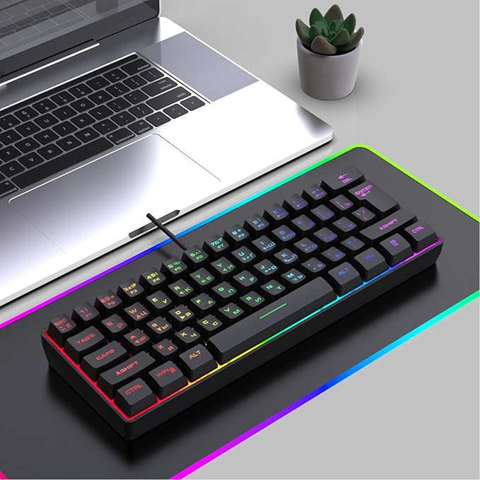 PUSOKEI 60% Mechanical Gaming Keyboard, 61 Keys Mini USB Wired Keyboard with RGB Backlit, Hot Swappable, Full Keys No Conflict, Russian English Dual Language for PC (Black)