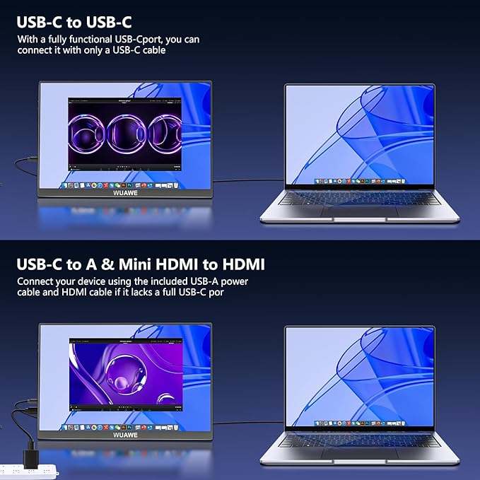 WUAWE Portable Monitor 16" 1920x1200P 16:10 IPS Travel Monitor for Laptop with Built-in Stand, 100% sRGB Control USB-C HDMI,HDR Freesync Display, Plug&Play for Phone PS5 Switch(Black)