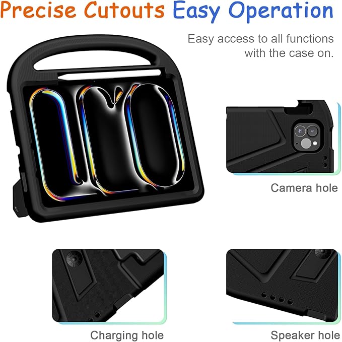 Kids Case for iPad Pro 11" M5 2025/M4 2024 & iPad Air 11" M3 2025/M2 2024, Techcircle Child Shock Proof EVA Protective [Support Pencil Charging] Handle Stand Cover, Black