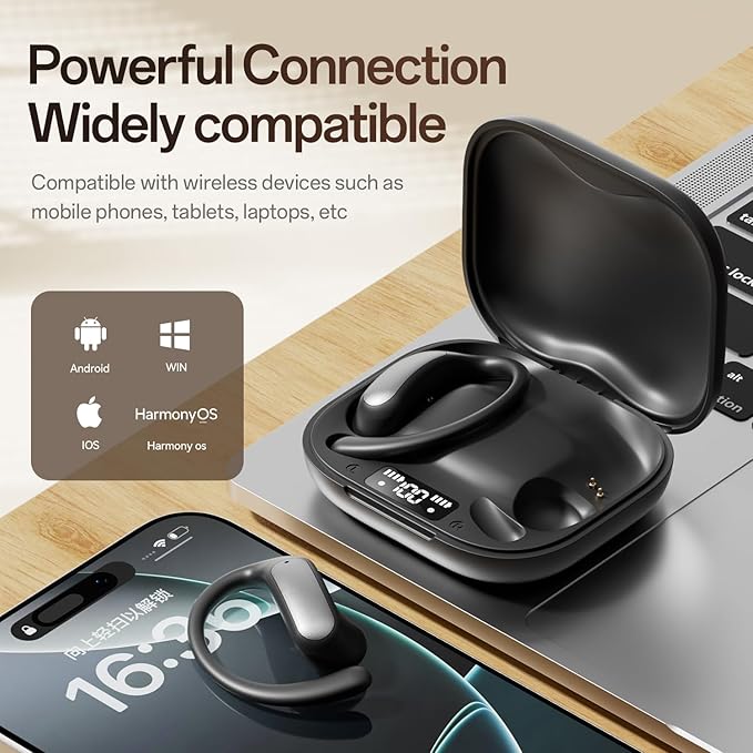 TINGER Open Ear Bluetooth Headphones 5.4 - IPX5 Waterproof Wireless Sports Earbuds,18H Playtime with Digital Power Display, Ultra-Light Weight Design for Cycling/Running/Gym (Silver)