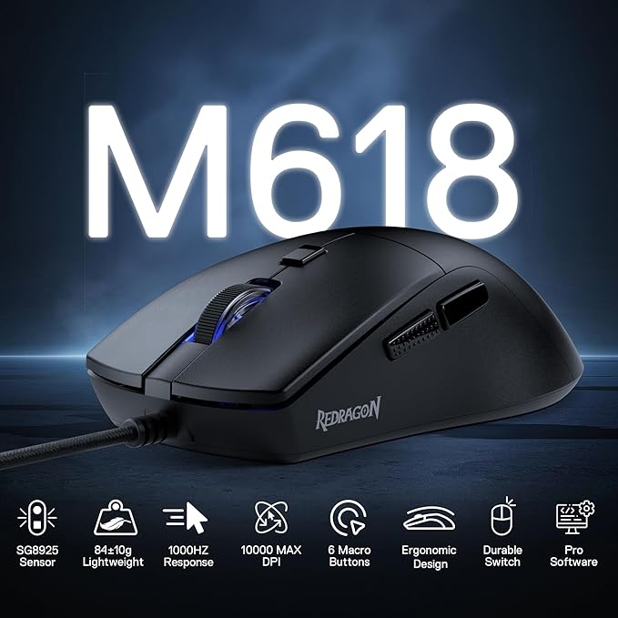 Redragon M618 Wired Gaming Mouse, 10000 DPI Optical Ergonomic Mouse with 6 Programmable Buttons, 84G Ultra Lightweight, Software Supports DIY Keybinds, Black