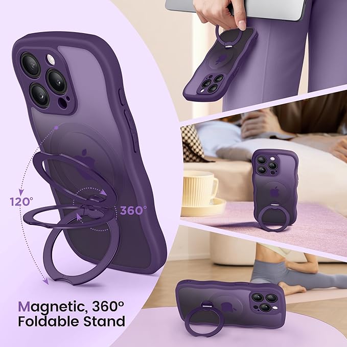 CAPRARO for iPhone 14 Pro Case with 360° Spin Magnetic Stand for Women, [Compatible with MagSafe] [Full Camera Protection] Cute Wave Translucent Matte Case for iPhone 14 Pro,Deep Purple