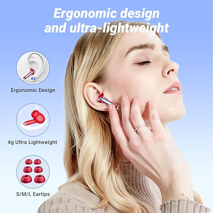 Wireless Earbuds Bluetooth 5.4 Headphones HiFi Stereo 42H Playback in Ear with 4 ENC Noise Cancelling Mic, IPX7 waterproof and LED battery display screen for Running Fitness Office Ear Buds in Red