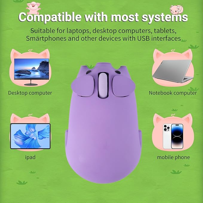 elec Space Cute Pig Design Wireless Mouse Dual Mode Bluetooth & USB Mouse, Silent Operation, Ergonomic, Perfect for Laptops & PCs, Ideal Gift for Animal Lovers and Family(Purple)