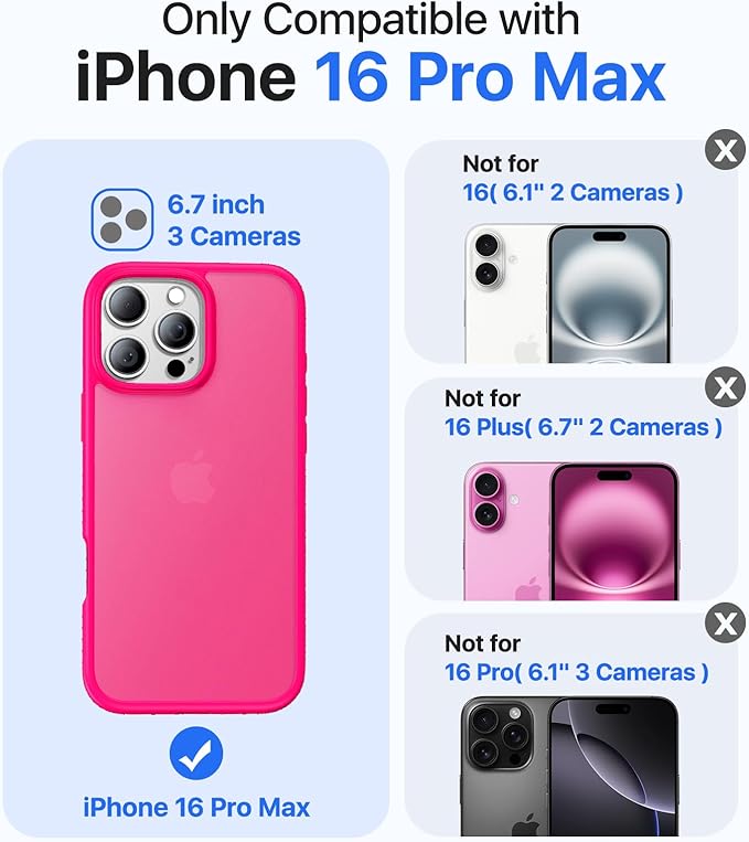 for iPhone 16 Pro Max Case[Military-Grade Drop Protection][Anti-Yellowing] Shockproof Protective Translucent Matte Cover for iPhone 16 Pro Max Phone Case,Hot Pink