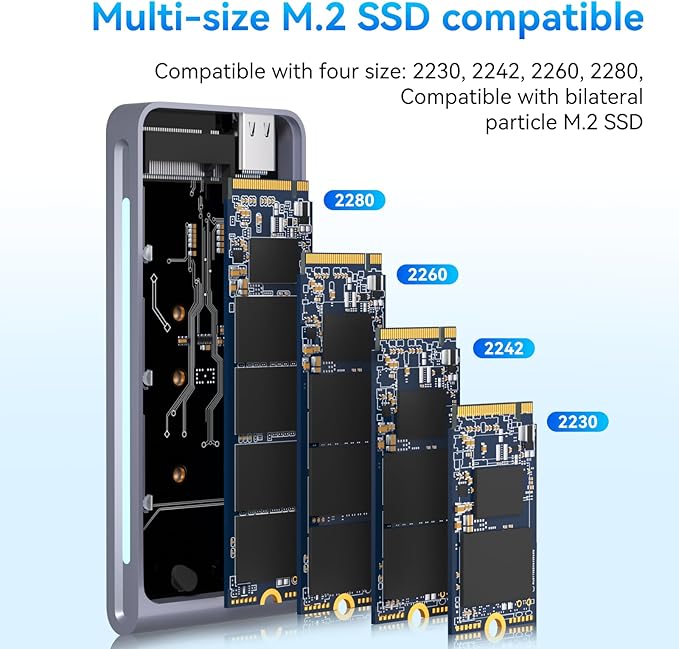 M.2 SSD Enclosure Portable USB3.2 Type-C 10Gps Hard Drive case, Supports NVMe/SATA Two protocols, Suitable for MacBook Enclosure Gen 2 (10 Gbps) to NVMe PCI-E M.2 SSD Case (Silver)