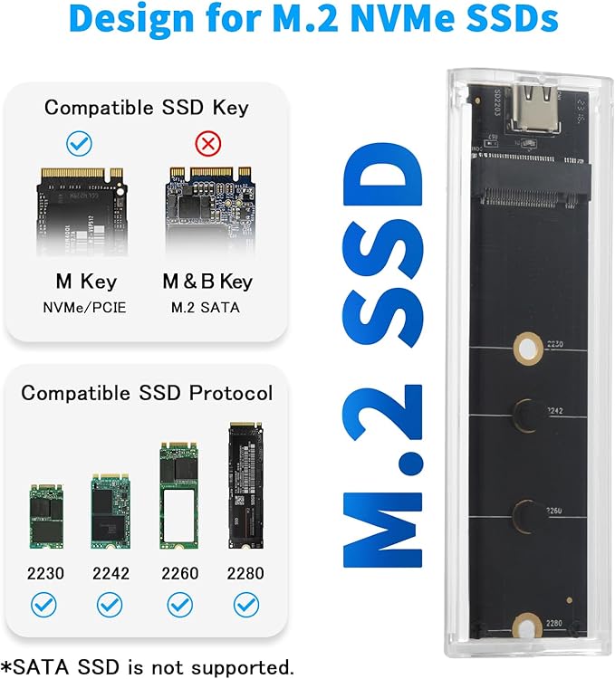 ELUTENG Transparent M.2 NVMe SSD Enclosure with Colorful LED Lights, 10Gbps M2 SSD Enclosure Tool-Free NVMe to USB Adapter External Enclosure for M-Key SSD 2230 2242 2260 2280 Sizes Support UASP Trim