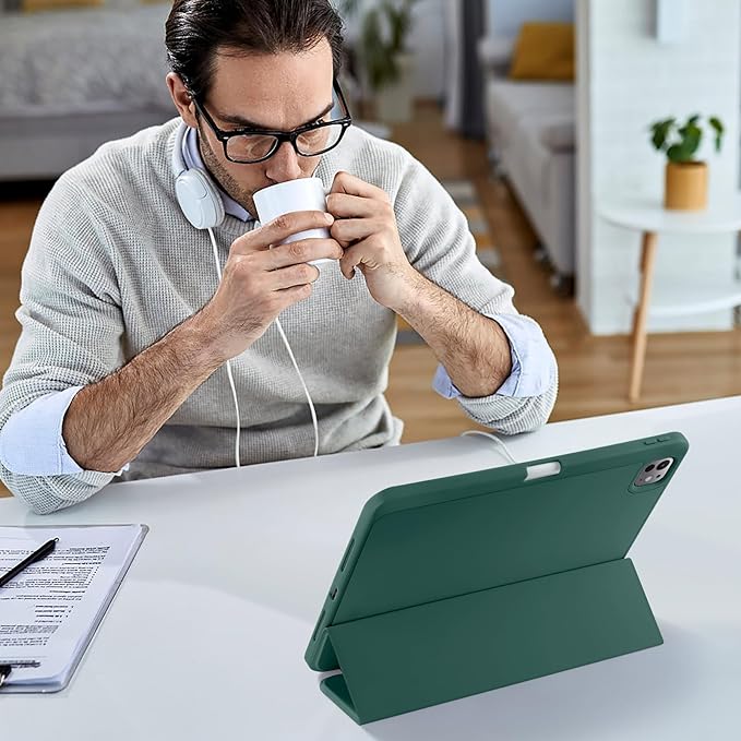Kidopire New Compatible with iPad Pro 11 Inch Case (M4 2024/M5 2025) with Pencil Holder, Smart Cover with Protective Trifold Stand & Soft TPU Back, Auto Wake/Sleep, Support Pencil Pro, Pine Green