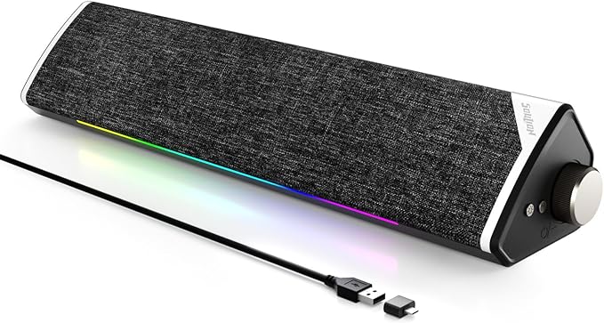 SOULION Computer Speakers, USB-Powered Bluetooth PC Soundbar with Dynamic RGB LED Lights, Surround Sound for Desktop, Laptop, Office, Work, Music & Gaming, Black (USB-C to USB Adapter Included)