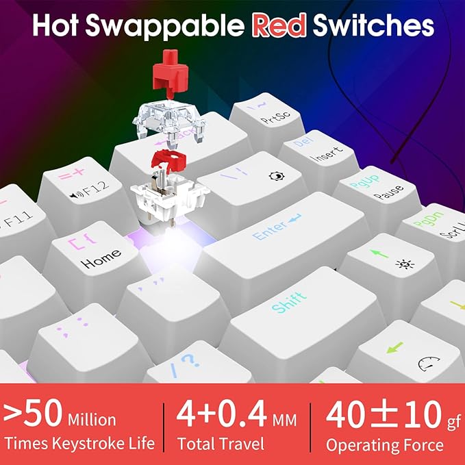 RK ROYAL KLUDGE RK68 Wired 65% Mechanical Keyboard, RGB Backlit Ultra-Compact 60% Layout 68 Keys Gaming Keyboard, Hot Swappable Keyboard with Stand-Alone Arrow/Control Keys, Red Switch White