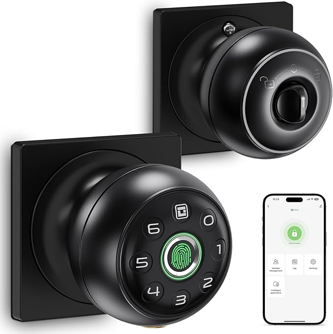 GeekTale Fingerprint Door Lock for Bedrooms, Fingerprint Door Knob with Lock, Smart Door Lock, App Control, Back-up Keys, Thumbprint Door Knob for Bedrooms, Office, Apartment