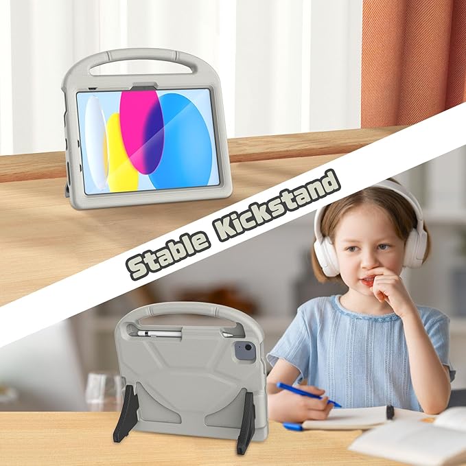 YIHE Kids Case for iPad (A16) 11th Generation 11 Inch 2025 & iPad 10th Generation 10.9 inch 2022, with Built-in Screen Protector and Stable Stand, Full Body Shockproof Protective Cover - Light Grey