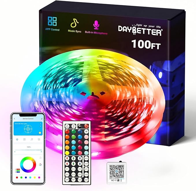 DAYBETTER Smart RGB Led Strip Lights, 100ft Led Lights for Bedroom with App Control, Multicolor Changing Led Light Strips Apply for Home Decor, Living Room, Kitchen, Home Party Decoration