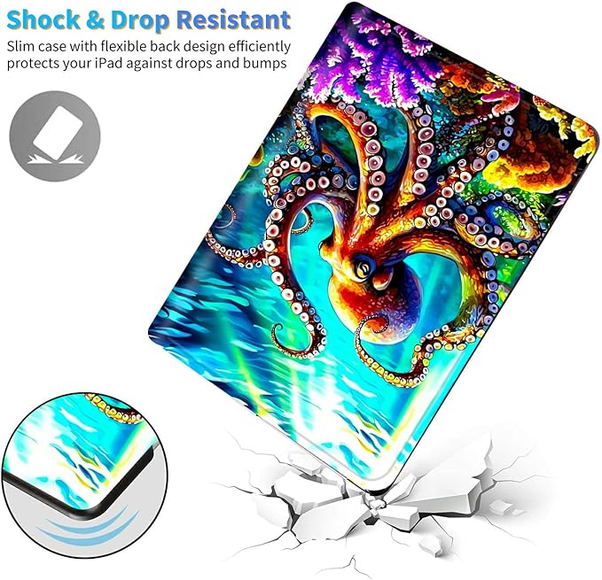 for Amazon Kindle Fire 7 (9th/7th/5th Generation, 2019/2017/2015 Release) 7" Tablet Case, Slim Kickstand Stand Leather Smart Cover with Auto Wake/Sleep, Underwater Octopus