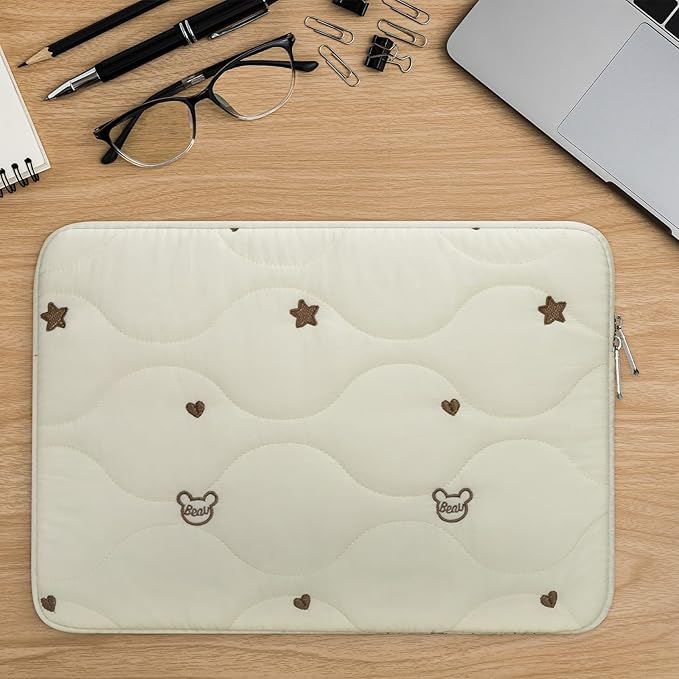13 14 Inch Laptop Sleeve Case, Water-Repellent Cover with Bear Head Embroidery, Shockproof Padded Bag Compatible with MacBook Air & Pro 13/14 Inch, Beige