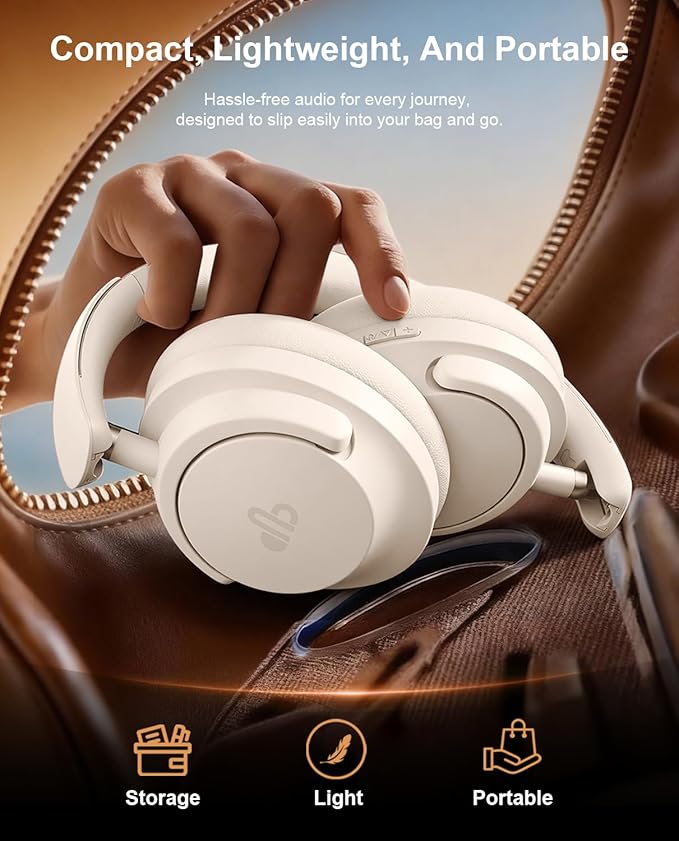 Hybrid Active Noise Cancelling Headphones, Over-Ear Bluetooth Headphone with Hi-Res Audio, 60H Playtime, Deep Bass, Transparency Mode, Foldable Comfort Ear Cups, Ideal gift for Travel Office - Beige