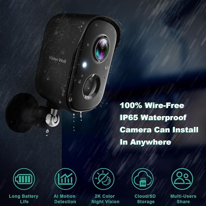 Security Cameras Wireless Outdoor, 2K Battery Powered AI Motion Detection Spotlight Siren Alarm WiFi Surveillance Indoor Home Camera, Color Night Vision, 2-Way Talk, Cloud/SD Storage-Black WiFi Camera