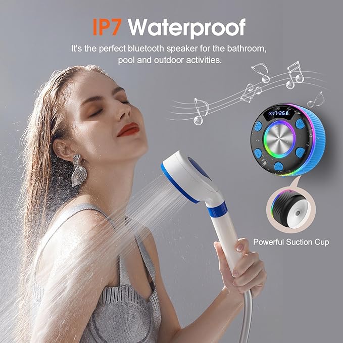 Bluetooth Shower Speaker, Portable Bluetooth 5.3 Speakers Wireless with Time Display, IP7 Waterproof Speakers with RGB Light, Suction Cup, Mini Stereo Speaker for Bathroom Party Beach Outdoor, Blue