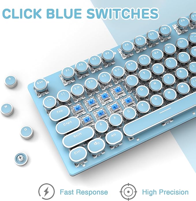 LexonElec Typewriter Style Retro Mechanical Gaming Keyboard, Vintage Steampunk with White LED Backlit, Wired 104-Key Blue Switch Cute Keyboard, Round Keycaps Knob Control for PC/Laptop/Mac (Blue)