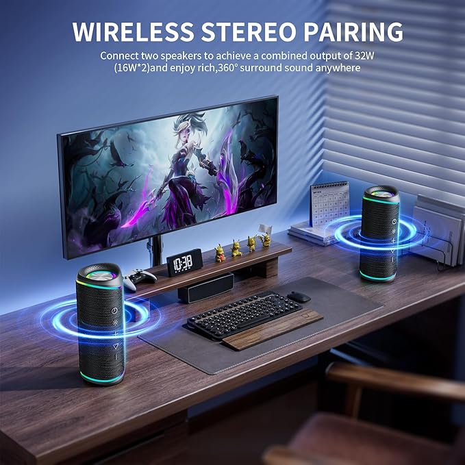 Bluetooth Speaker with HD Sound, Portable Wireless, IPX5 Waterproof, Up to 20H Playtime, TWS Pairing, Bluetooth 5.3, for Home, Party, Beach, Outdoor, Electronic Gadgets, Birthday Gift (Black)