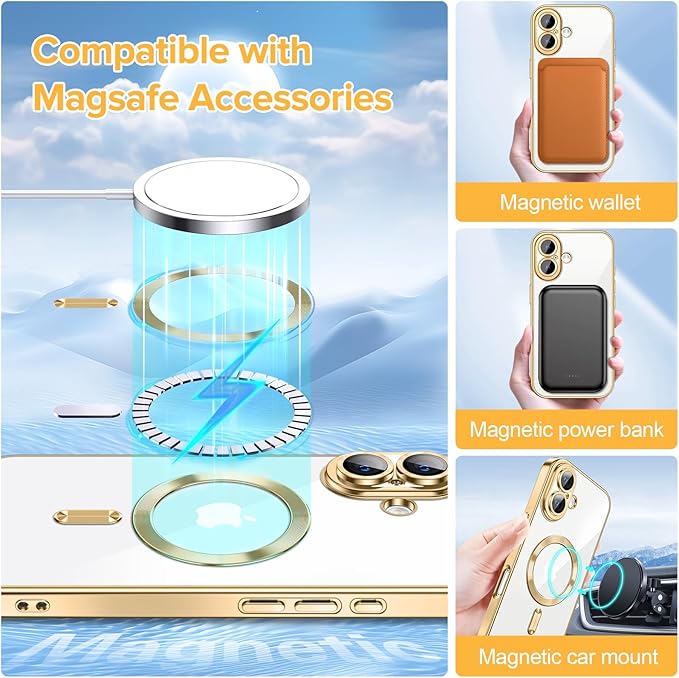 Hython Magnetic Clear for iPhone 16 Plus Case with Camera Lens Protector [Compatible with MagSafe] Luxury Plating Edge Slim Soft TPU Cover Protective Phone Case for iPhone 16 Plus 6.7", Gold