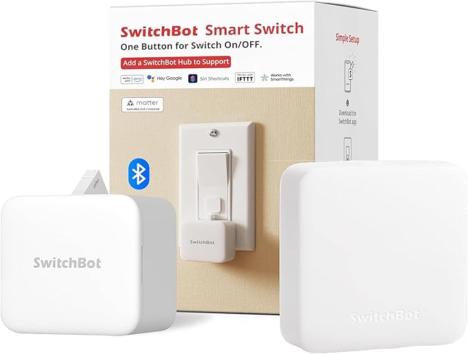 Switchbot Smart Switch Button Pusher (Bluetooth) with Hub Mini Matter – Fingerbot for Rocker Switch/One-Way Buttons, App Timer Control, No Wiring, Voice/Remote Control, White