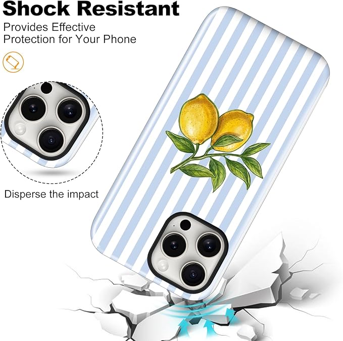 Magnetic for iPhone 13/14 Case Cute Lemon Stripes Phone Case, Shockproof Slim TPU and Hard PC Protective Phone Cover Compatible with MagSafe Designed for Women Girls, Blue