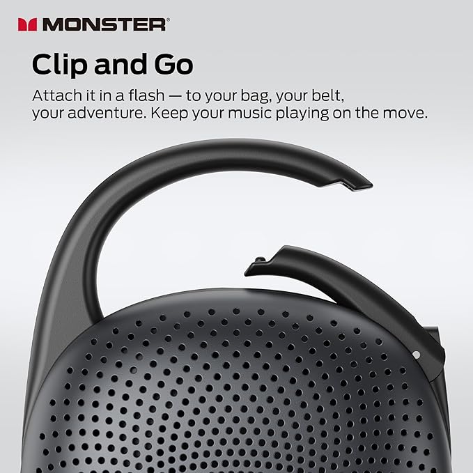 Monster Clip-On Speaker with Carabiner, Ultra-Portable Bluetooth 6.0 Shower Speaker IPX7 Waterproof, 29H Playtime Small Wireless Speaker for Hiking Camping Beach Outdoor Travel - Black