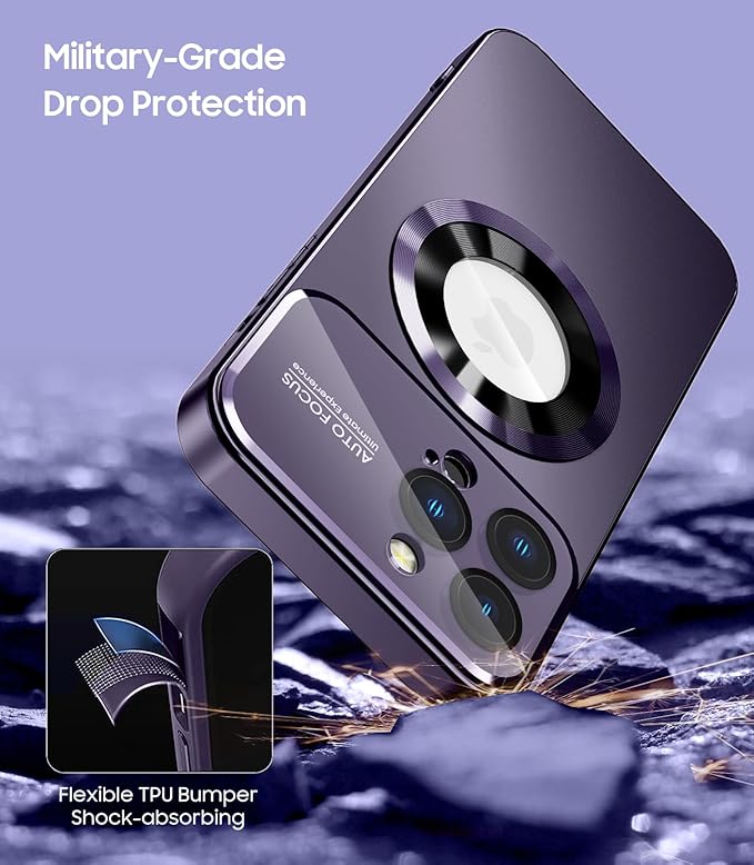 MAKAVO Magnetic for iPhone 16 Pro Max Case, Compatible with MagSafe, Built-in Camera Lens Protector, Logo View, Military Grade Drop Protection Phone Cover, Purple