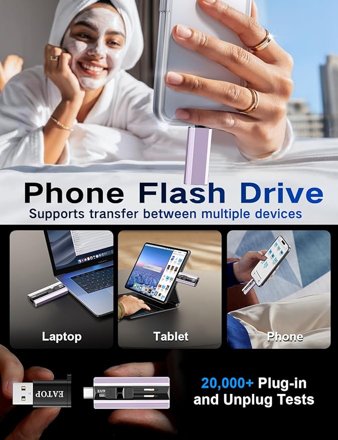 EATOP 512GB Dual Interface Flash Drive, No App Required, Portable USB Storage Memory Stick for iPhone, iPad, Android, PC & Mac – Easily Stores Photos, Videos & Files (Lavender Purple)