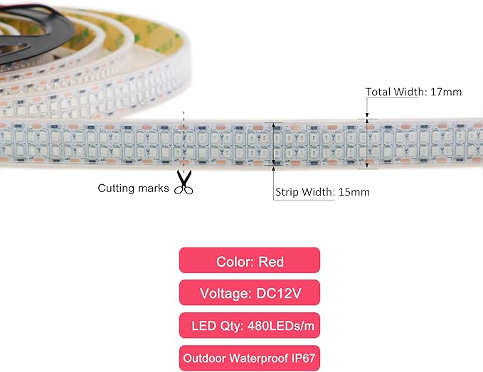 LEDENET 12V Red LED Strip Lights 16.4ft, Double Row 2400 LEDs Outdoor Waterproof IP67, Super Bright Dimmable Flexible Tape Lights for Bedroom, DIY, Truck, RV, and Boat Lighting