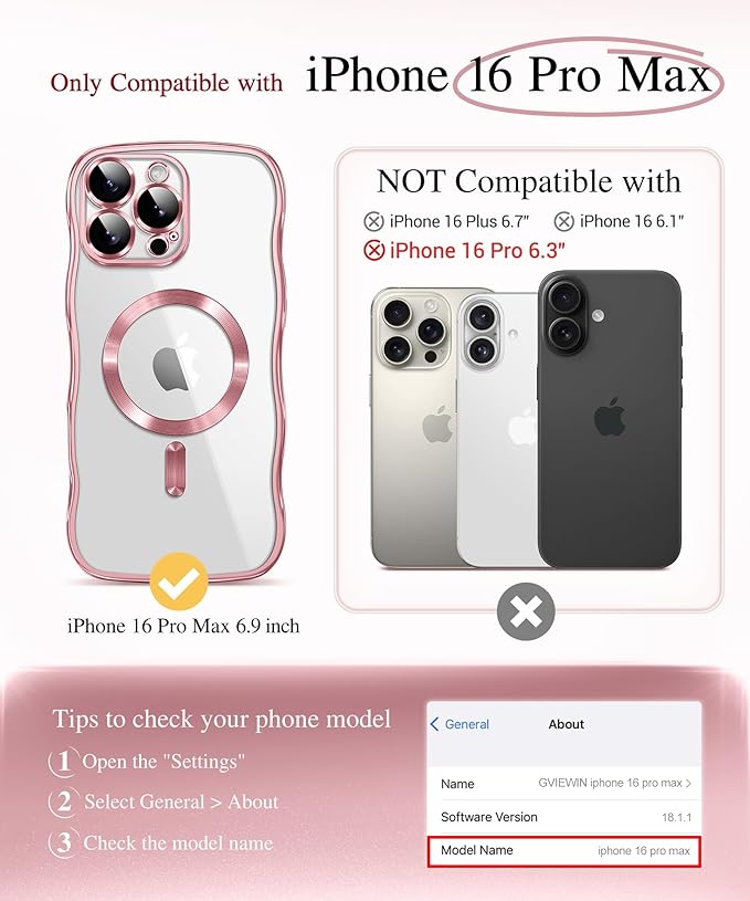 GVIEWIN for iPhone 16 Pro Max Case Compatible with MagSafe, Upgraded [Full Camera Protection][Cute Wave Frame][Military Grade Protection] Electroplated Soft Phone Cover for Women Girl, Clear/Pink
