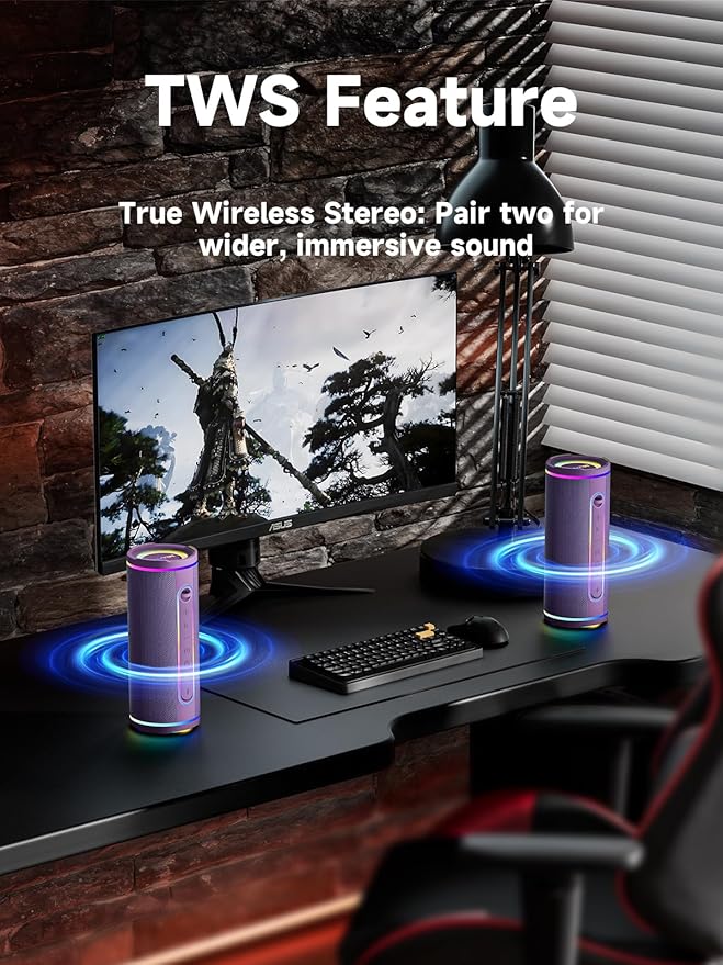 MLOVE E80 Speakers Bluetooth Wireless, Portable Bluetooth Speaker with Aux Input, Micro SD Card Slot, Bass Boost, Dual Pairing, Lights, IPX7 Waterproof, BT5.4 for Outdoor, Travel, Car, TV, 30W, Purple
